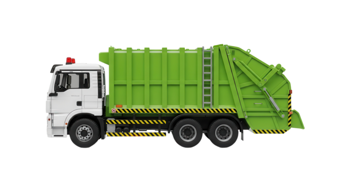 Isolated Bright Green Waste Management Garbage Truck on White Background