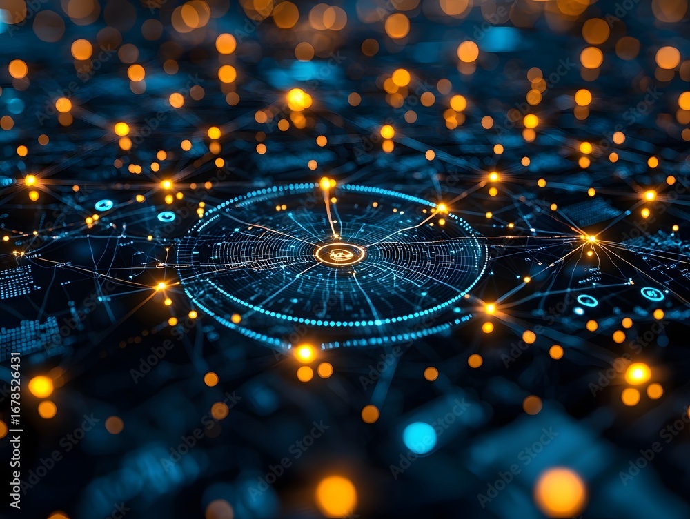 Poster abstract digital network with glowing blue and orange connections representing global data flow and 