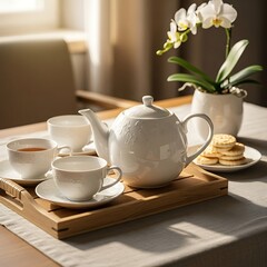 A tranquil moment of prepared elegance featuring a white porcelain tea service for a peaceful afternoon refreshment