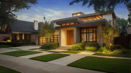 A modern residential house with a well-manicured lawn, neatly arranged landscaping,