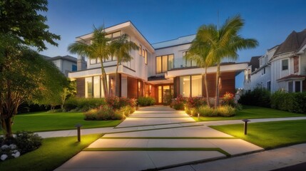 Obraz premium Elegant modern house at dusk with clean lines, large windows, palm trees, manicured lawn, hedges, flower beds,