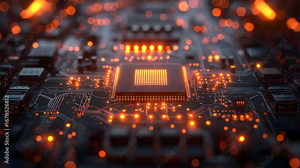 Poster glowing microchip on an advanced circuit board with vibrant orange light symbolizing data processing