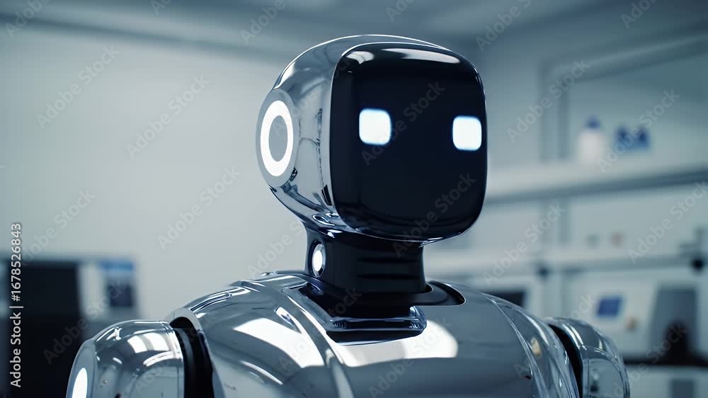 Poster close up production of silver humanoid robot companion with artificial intelligence in clean lab env