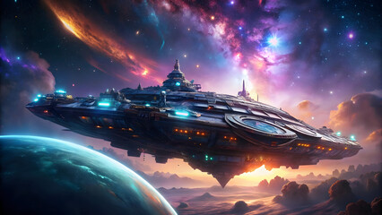 Spaceship and UFO flying in outer space above Earth