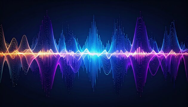 Colorful digital audio soundwave spectrum visualizes frequency energy in a dynamic, abstract style with glowing neon lines on a dark background.