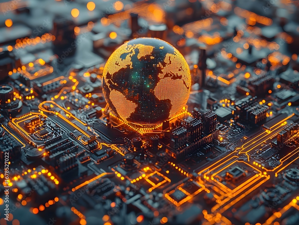Poster glowing earth globe on a futuristic circuit board representing global data connectivity digital inno