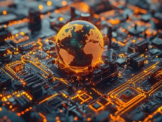 Glowing Earth globe on a futuristic circuit board representing global data connectivity digital innovation and interconnected smart grid technology