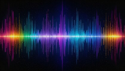 Vibrant digital audio wave spectrum depicted in luminous neon colors, symbolizing sound technology, frequency analysis.