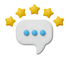 Five star rating speech bubble with three dots indicating conversation