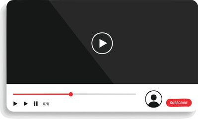 A minimalist video player interface with a play button, progress bar, user icon, and a subscribe button on a white background.