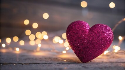 Fototapeta premium Sparkling magenta heart decoration with soft bokeh lights on wooden surface