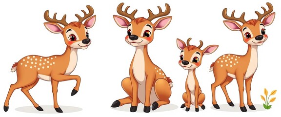 Adorable cartoon sika deer in various poses, isolated on white  Perfect for children's books, cards, and designs,  graphic,  flat