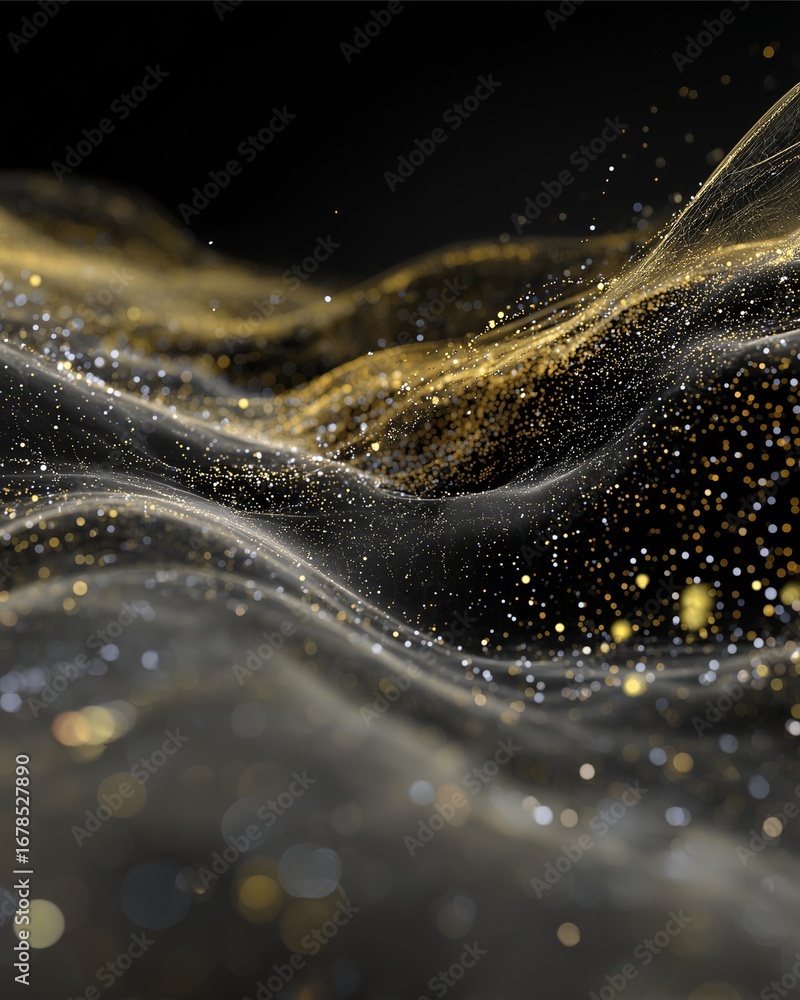 Poster abstract gold particle wave: a stunning digital rendering showcasing an abstract, undulating wave fo