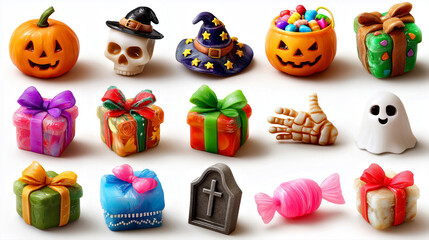 Fototapeta premium Halloween Theme: Pumpkin, Skull, Witch Hat, Gifts, and Candy on White Background