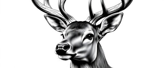 Black and white vector illustration of a realistic deer portrait, suitable for tattoo design,  woodland,  antler