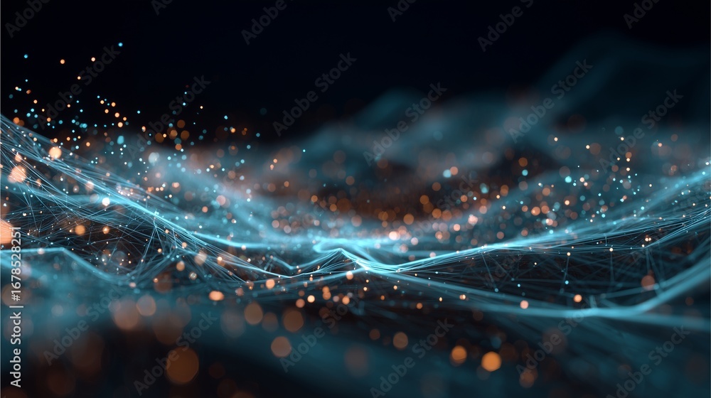 Poster digital universe: an abstract visualization of a vibrant digital network unfolds, with glowing parti