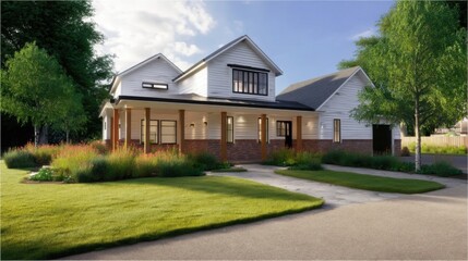 Modern single-story house with white siding and brick elements, large front porch with wooden pillars,