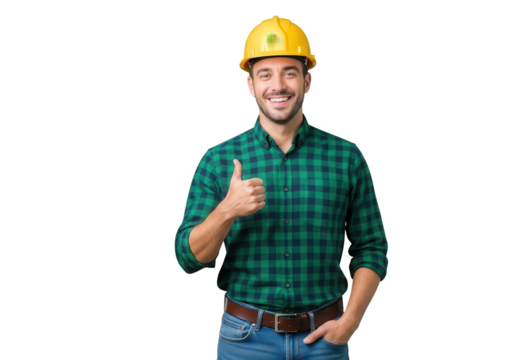Happy construction worker wearing a yellow hard hat giving thumbs up isolated PNG with Transparent Background - Powered by Adobe