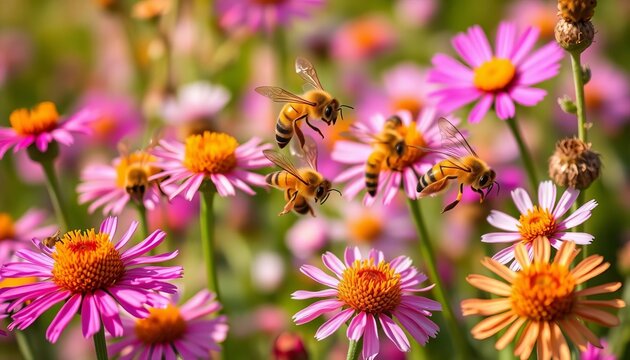 Busy honeybees in flight, collecting pollen from vibrant meadow flowers,  bees,  digital