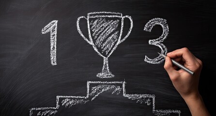 Chalkboard drawing of a trophy, 1st and 3rd place