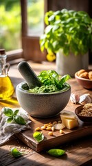 Making pesto genovese with fresh ingredients in mortar