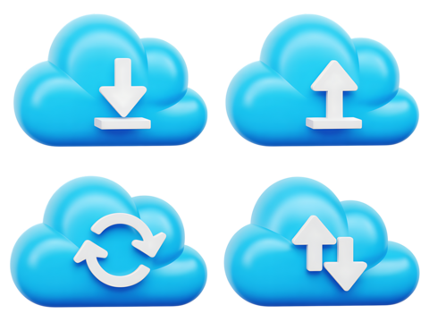 Four blue cloud icons representing data upload download sync and transfer