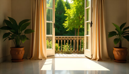 Fototapeta premium Sunlit room with open balcony doors, potted plants, and curtains, offering a serene view of the lush garden