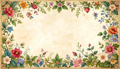 Vintage floral frame border design featuring ornate flowers, green leaves, and delicate vines on textured beige background, ideal for invitations or greeting cards.