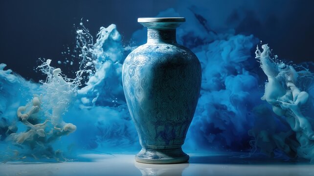 Una antigua vasija emerge de un torbellino de tinta azul, capturando la esencia de la creaci&oacute;n y la transformaci&oacute;n.