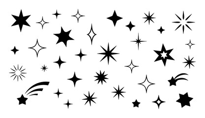 Collection of Black Starbursts, Sparkles, and Shooting Stars on White Background
