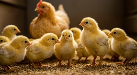 Fototapeta premium A mother hen watches over her adorable brood of fluffy yellow chicks in a close-up, shallow depth of field shot