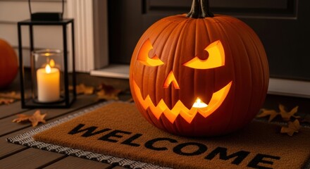 Obraz premium A festive Halloween pumpkin with glowing face welcomes guests on a cozy porch setting