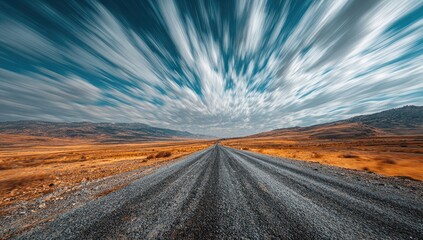 Fototapeta premium A gravel road stretches into a vibrant sky. Motion blurred clouds radiate outwards from the center of the image, showcasing a sense of vastness and movement. 