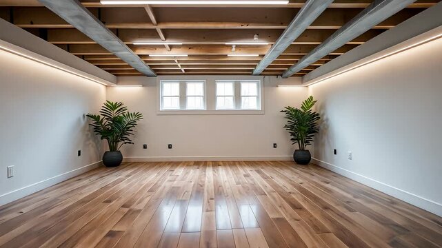 Modern empty room interior with wooden floor, exposed ceiling beams, white walls, and natural daylight window