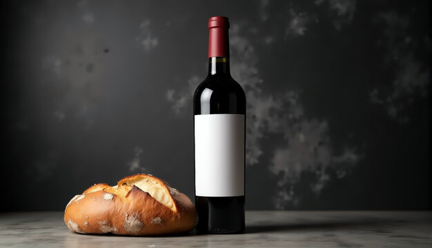 Red wine bottle with blank label placed beside artisan bread on neutral surface; suitable for product mockups and autumn sale promotions. Commercial food and drink advertising..