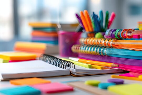 Colorful school supplies on a desk