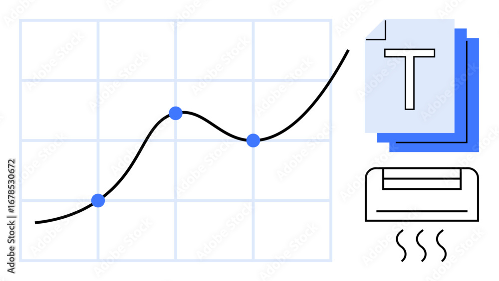 Poster rising data trendline with grid background, stack of documents with t, and printer with heat waves. 