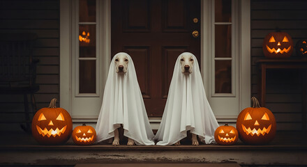 Fototapeta na wymiar Two Adorable Dogs in Ghost Costumes Flanked by Glowing JackoLanterns.