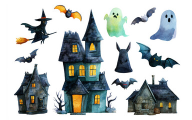 A set of clip art with Halloween symbols: ghosts, bats, witch on broom, haunted house. Watercolor on white background. AI generated.