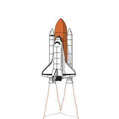 Illustration of a White and Orange Space Shuttle Launching with Flames on a White Background