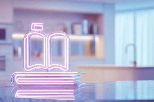 Neon pink book icon on marble kitchen counter