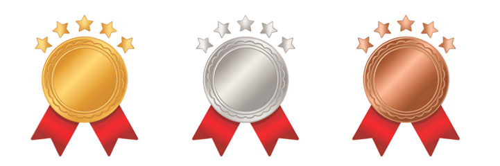 Gold silver and bronze medals with stars and ribbons on black background