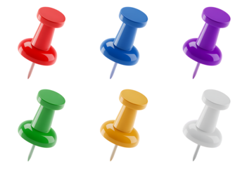 Six colorful thumbtacks arranged in two rows against a black background