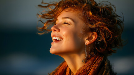 Young woman with curly hair smiling and laughing outdoors against natural sky background