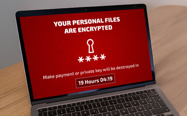 Laptop screen infected by ransomware demanding a payment to decrypt files. Cybersecurity threat,...