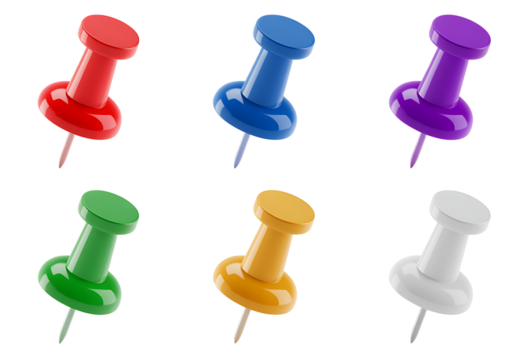 Six colorful thumbtacks arranged in two rows against a black background