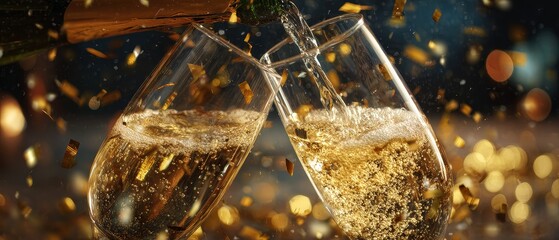 Celebration party with champagne glasses sparkling wine and golden bokeh in a festive environment