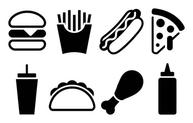 Collection of Fast Food Icons: Burger, Fries, Hot Dog, Pizza, Drink, Taco, Chicken Leg, Sauce