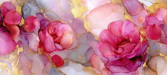 Abstract floral art with pink roses, grey and gold marbling