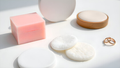 Obraz premium Elegant still life of cosmetic sponges, pads, ring and containers isolated on white background